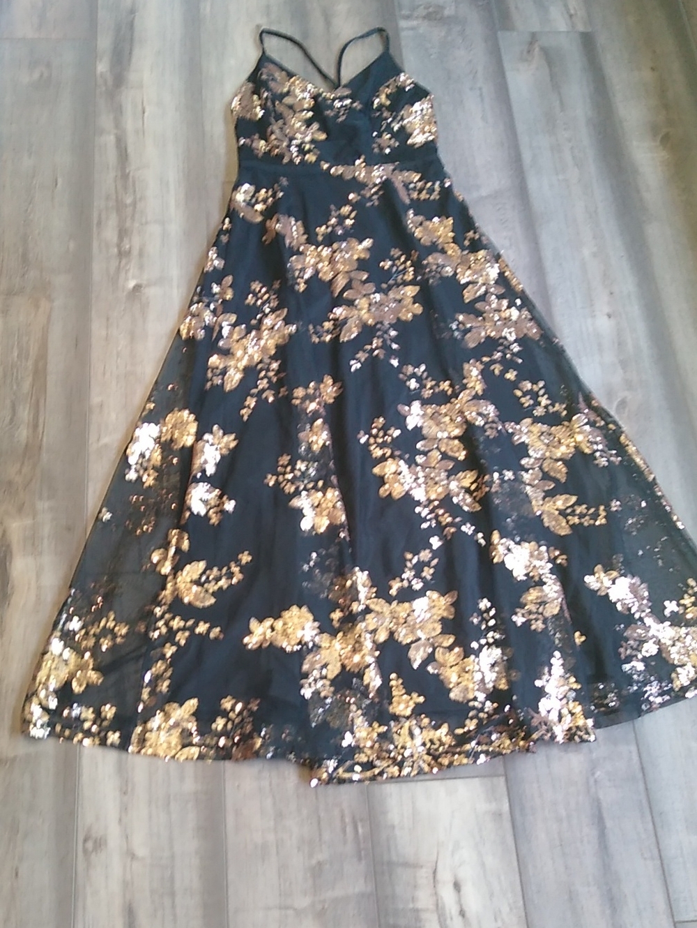 Black Spaghetti-Strap Gown with Gold Sequin Floral